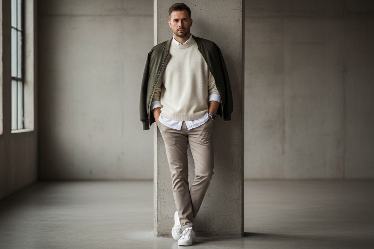 Men’s fashion outfit with beige sweater, slim fit chinos, white sneakers and olive jacket – modern casual style for everyday wear.