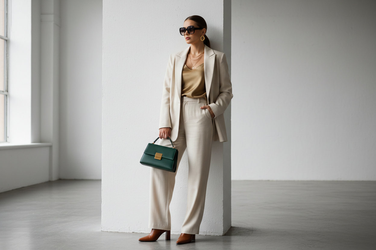Elegant woman wearing beige blazer and wide-leg pants with silk top, holding green handbag and standing in minimal modern interior.