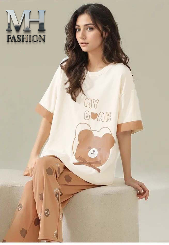 Woman wearing a 'My Bear' themed outfit with MH Fashion branding.