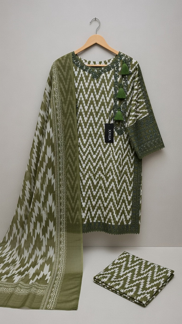 Green and white patterned fabric set with a hanger on a light gray background
