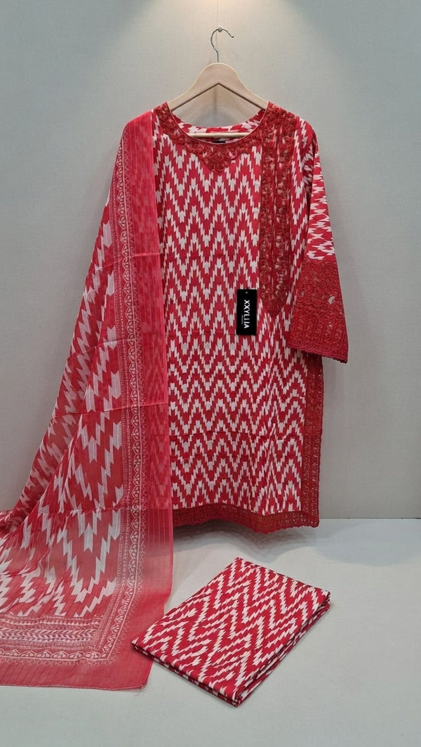 Red and white patterned kurta with matching dupatta on a hanger against a white background