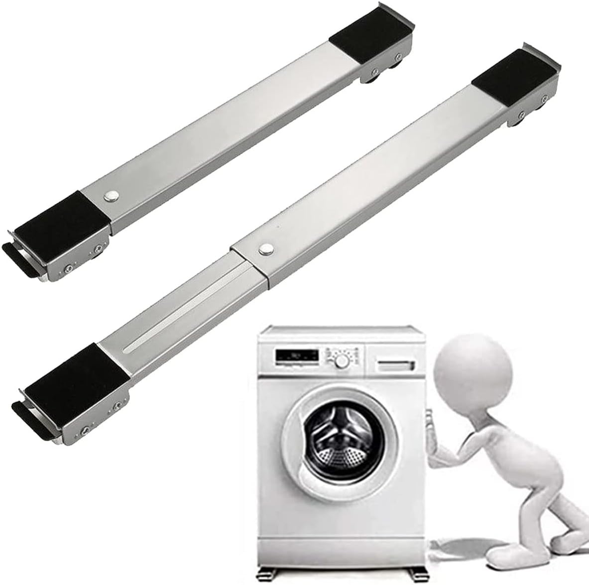 Two metal slides with black ends on a white background, with a washing machine and cartoon character below.