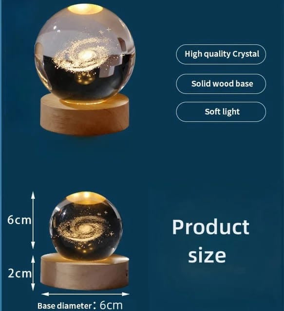 Glass crystal ball with wooden base on a blue background, featuring product details and size measurements.