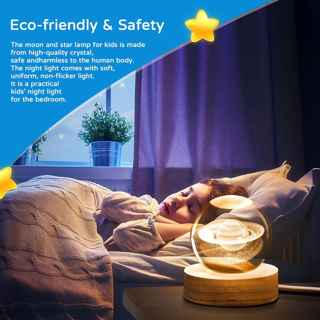 Child lying in bed with a glowing moon and star lamp, surrounded by a cozy bedroom setting.