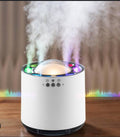 White humidifier emitting steam with colorful lights on a wooden surface
