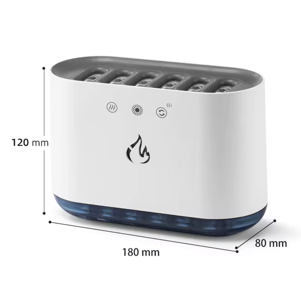 White electronic device with flame icon and dimensions on a white background