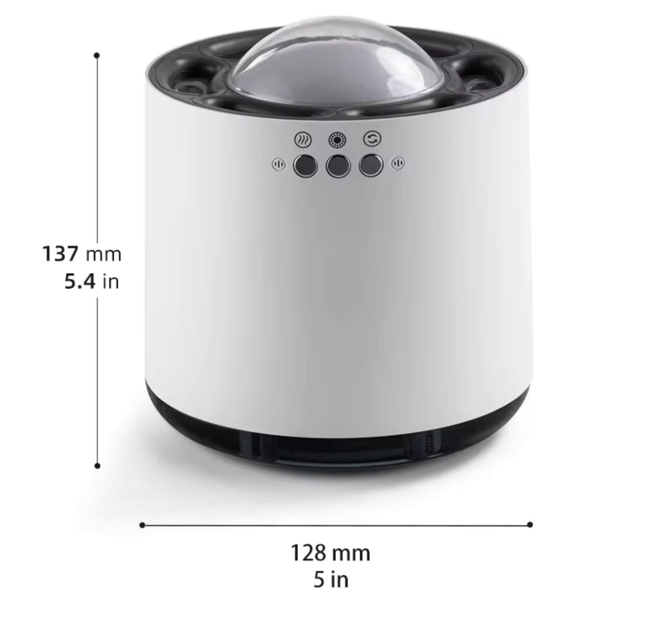 White and black device with dimensions indicated on a white background