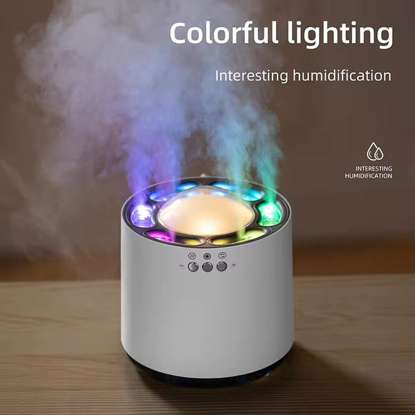 Humidifier with colorful lighting on a wooden surface