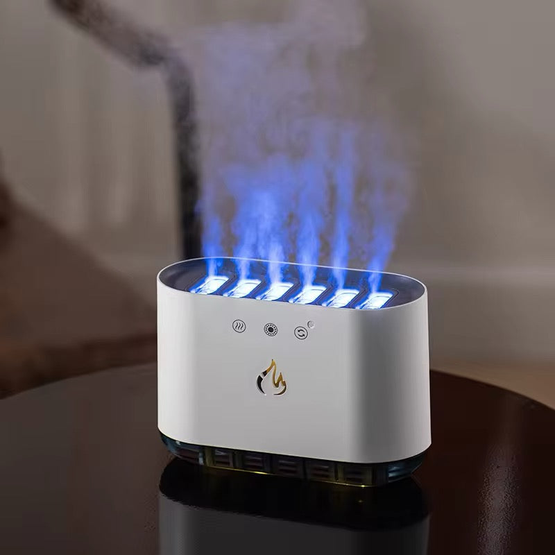 White electronic device with blue flames and lights on a reflective surface