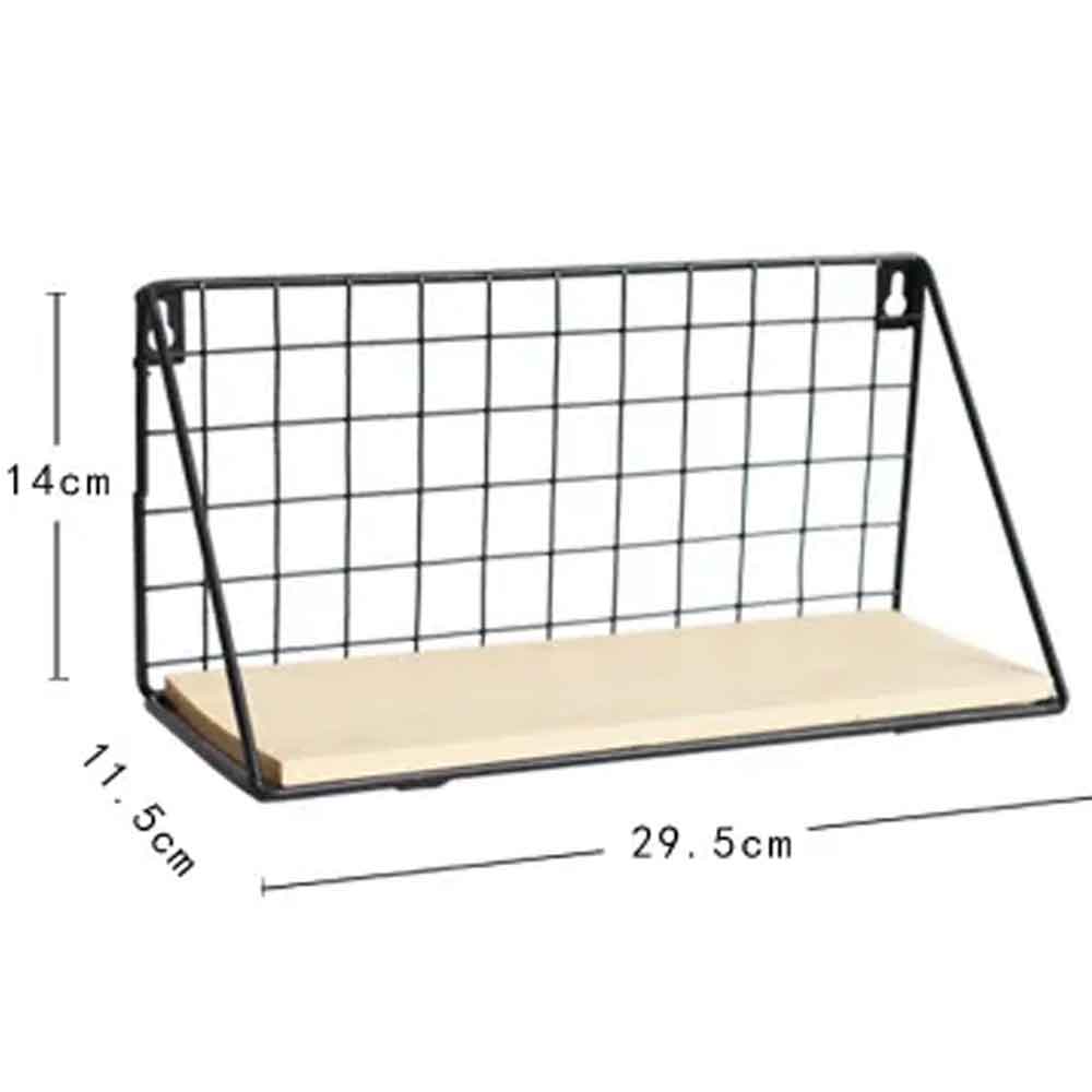 Wall-mounted metal grid shelf with dimensions on a white background