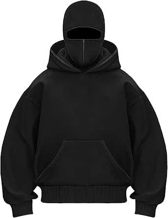 Black hoodie with face covering on a white background