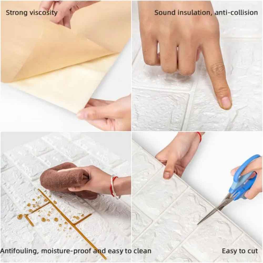 Collage of a product's features including viscosity, sound insulation, anti-fouling, moisture-proofing, cleaning ease, and cutting ability.