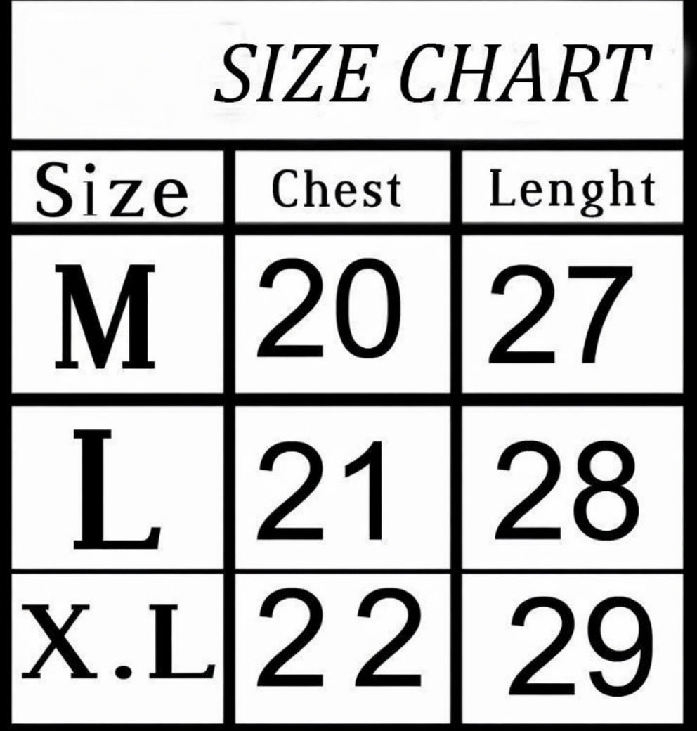 Size chart showing chest and length measurements for sizes M, L, and X.L.