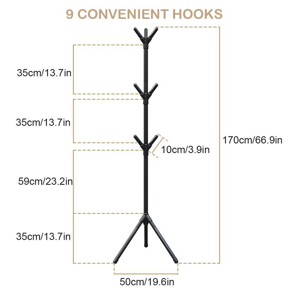 Coat rack with dimensions labeled on a white background