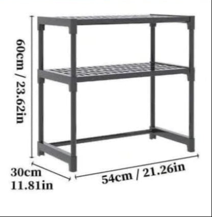 Metal shelving unit with dimensions labeled on a white background