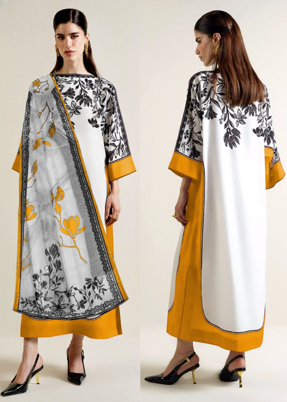 Woman wearing a white and yellow traditional outfit with floral patterns on a plain background
