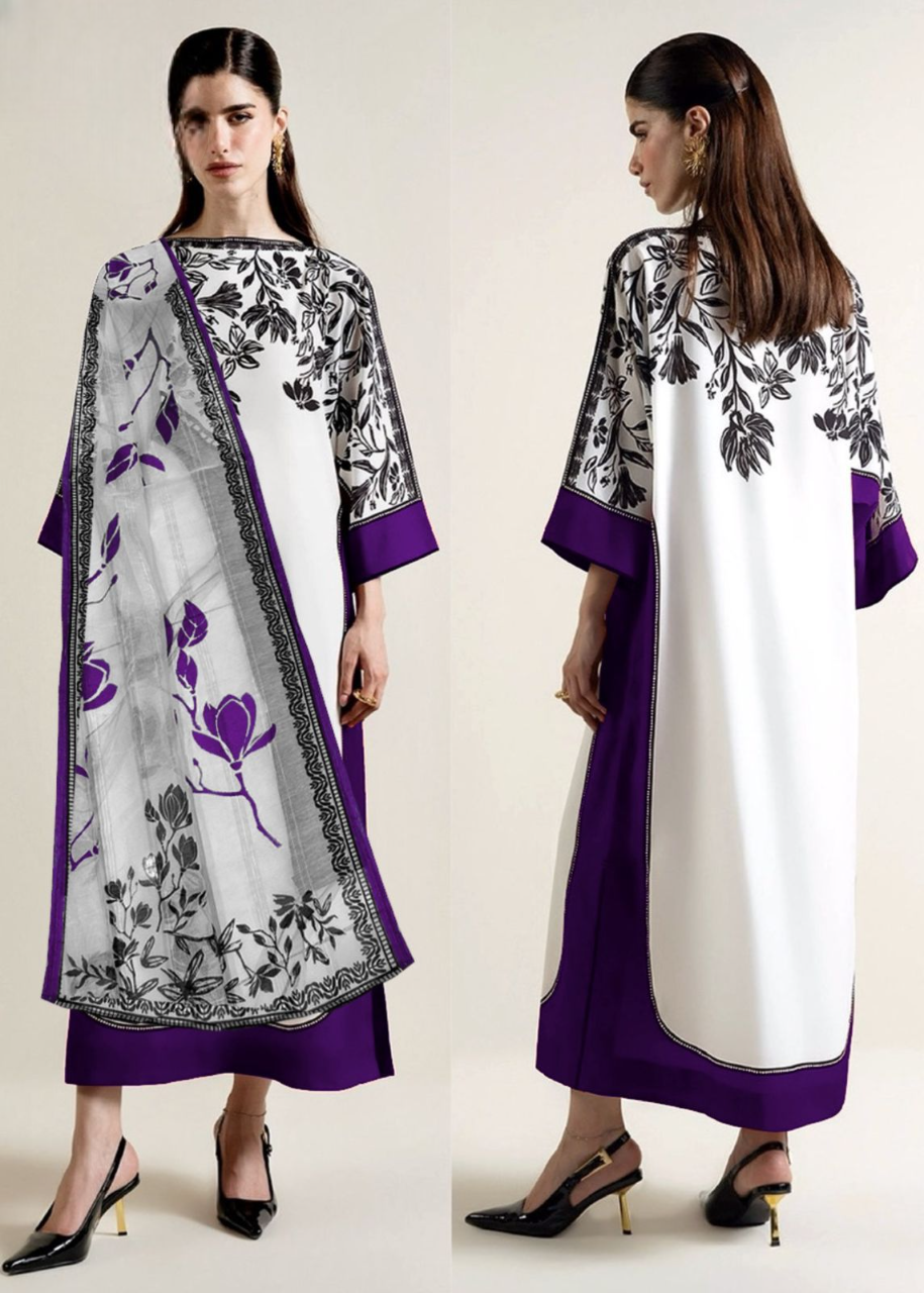 Woman wearing a white and purple traditional outfit with floral patterns on a plain background