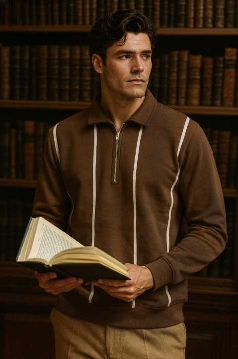 Man holding a book in front of a bookshelf