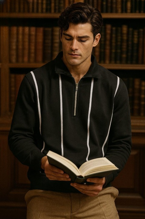 Man in a black hoodie holding an open book in a library setting
