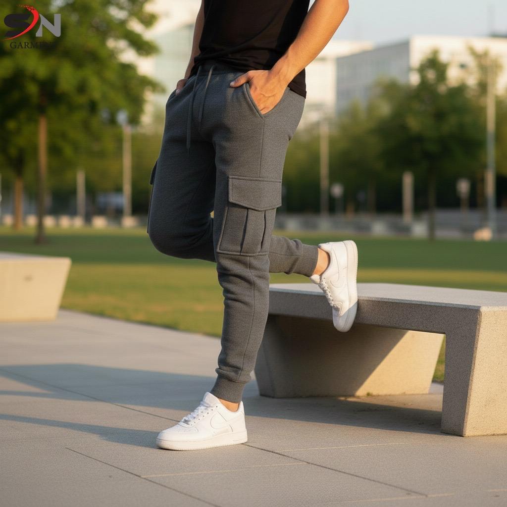Person wearing gray jogger pants and white sneakers in an outdoor setting