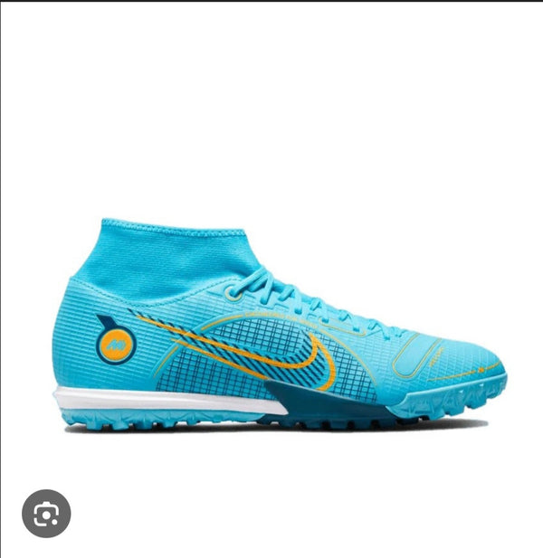 Blue soccer cleat with yellow accents on a white background