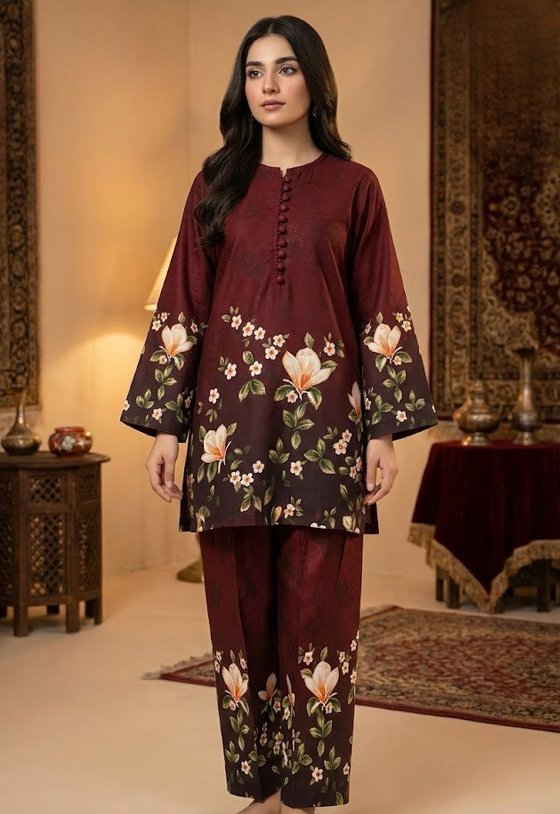 Woman wearing a maroon floral outfit in an indoor setting with decorative elements.