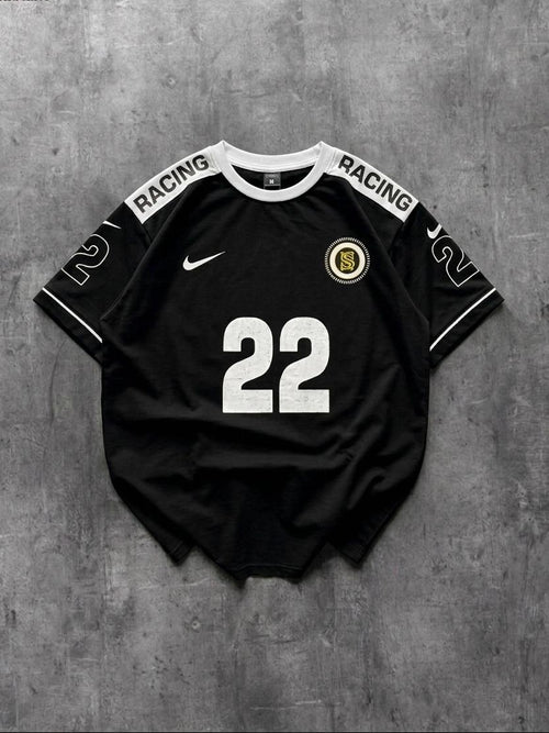 Black sports jersey with number 22 and 'Racing' text on a gray background