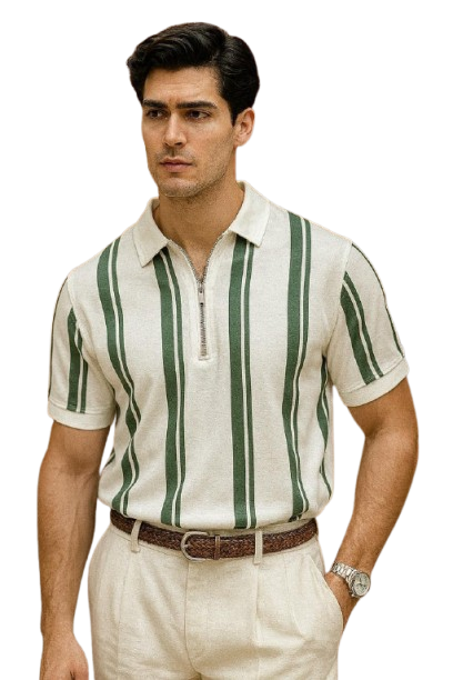 Man wearing a green and white striped polo shirt with beige pants on a white background