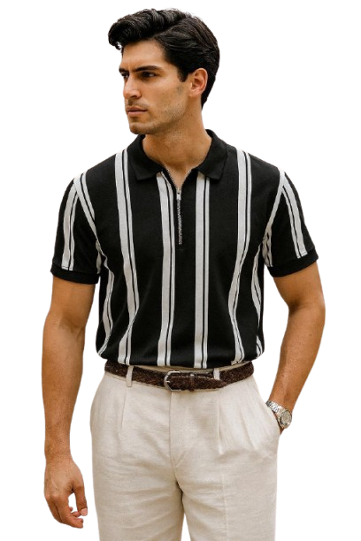 Man wearing a black and white striped shirt with a belt and light-colored pants on a white background