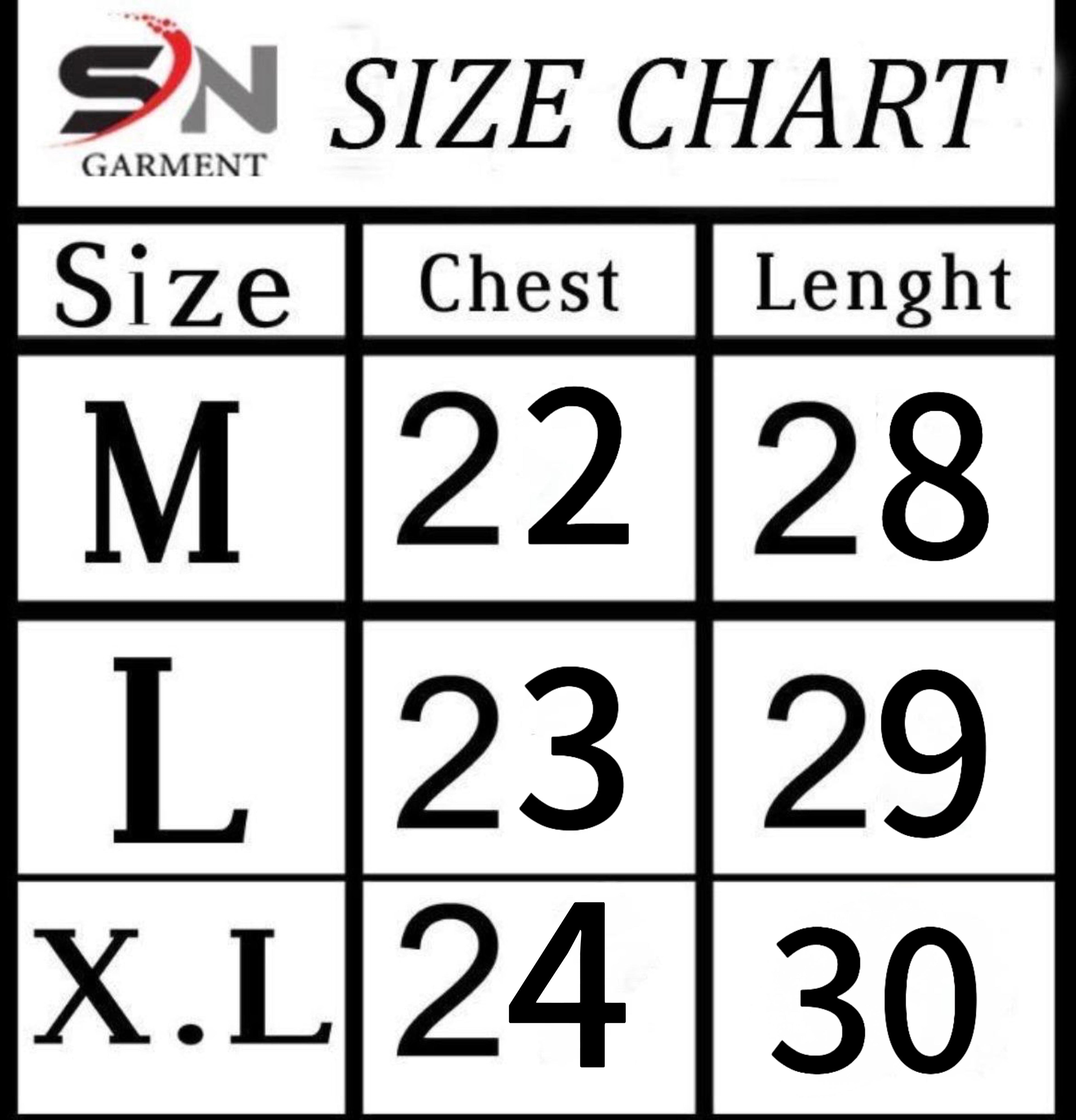 Size chart for clothing with measurements in chest and length, branded as SN Garment.