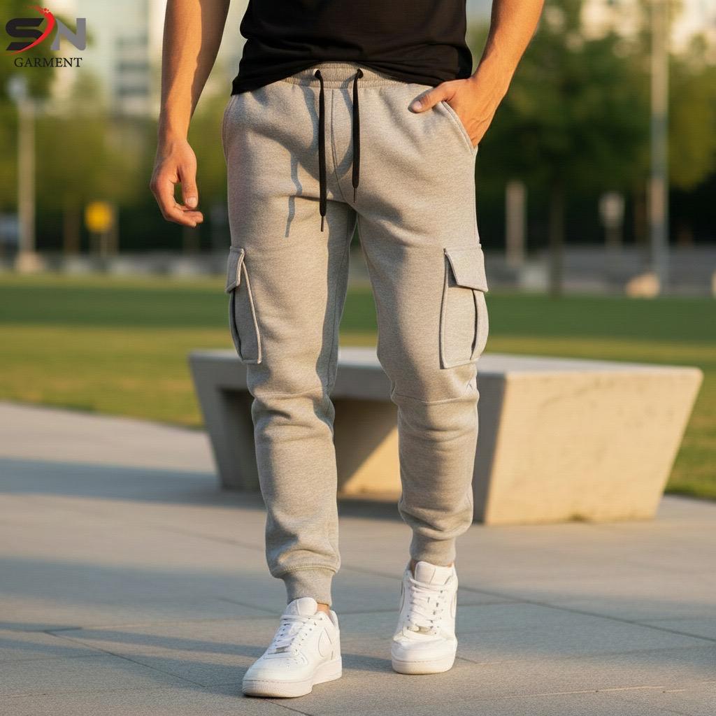 Person wearing gray cargo jogger pants and white sneakers in an outdoor setting