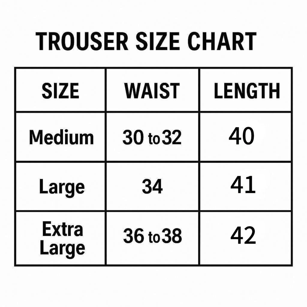 Trouser size chart with waist and length measurements