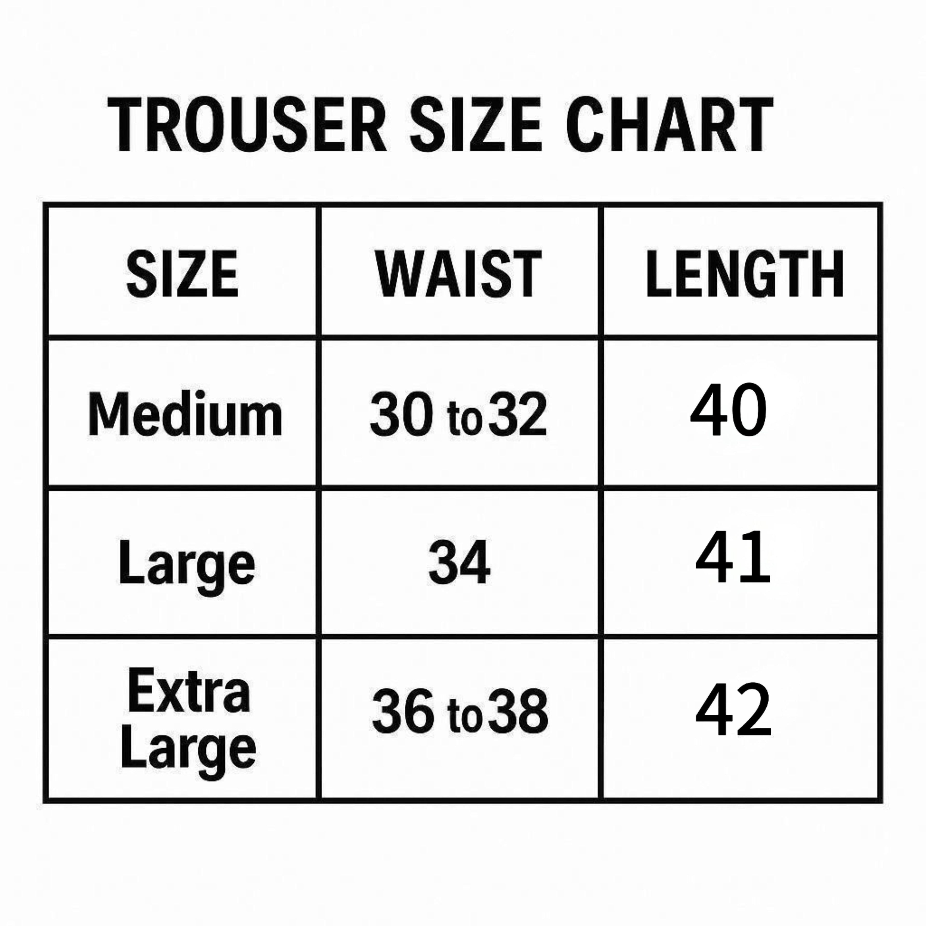 Trouser size chart with waist and length measurements