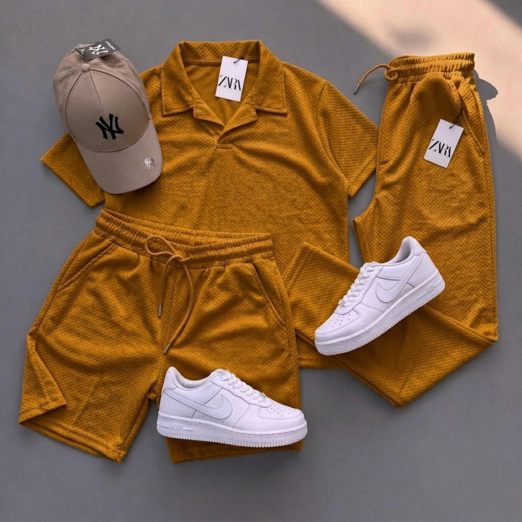 Men’s Premium 3-Piece Collar Track Suit – Summer Texture Fabric Set (Shirt + Shorts + Trouser)