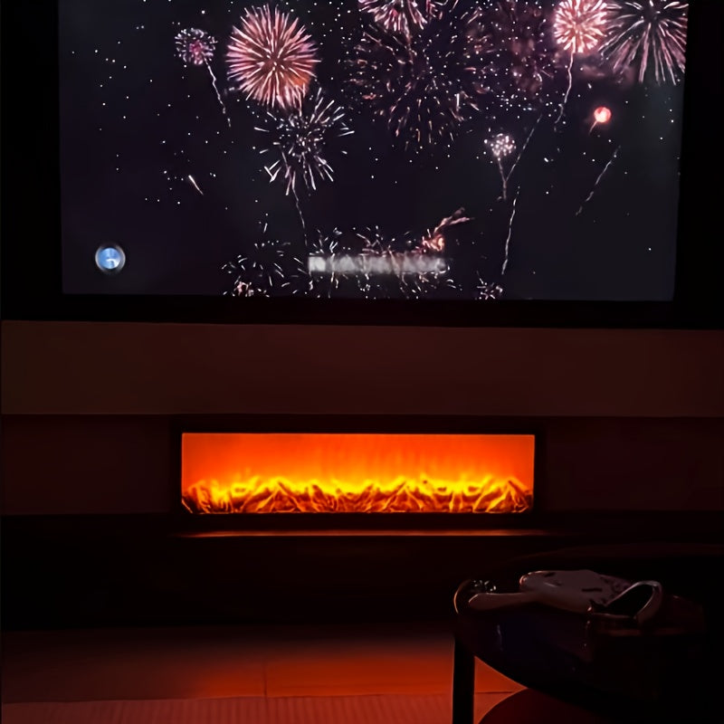 Fireplace with glowing orange flames below a television displaying fireworks.