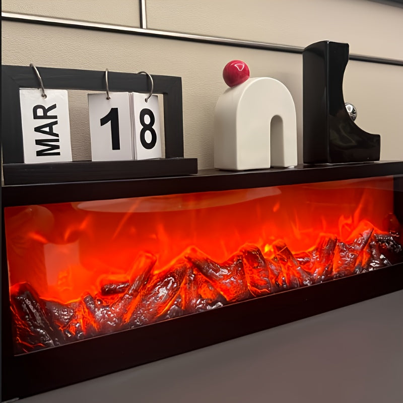 Decorative shelf with a fire pit effect, calendar, and small sculptures.