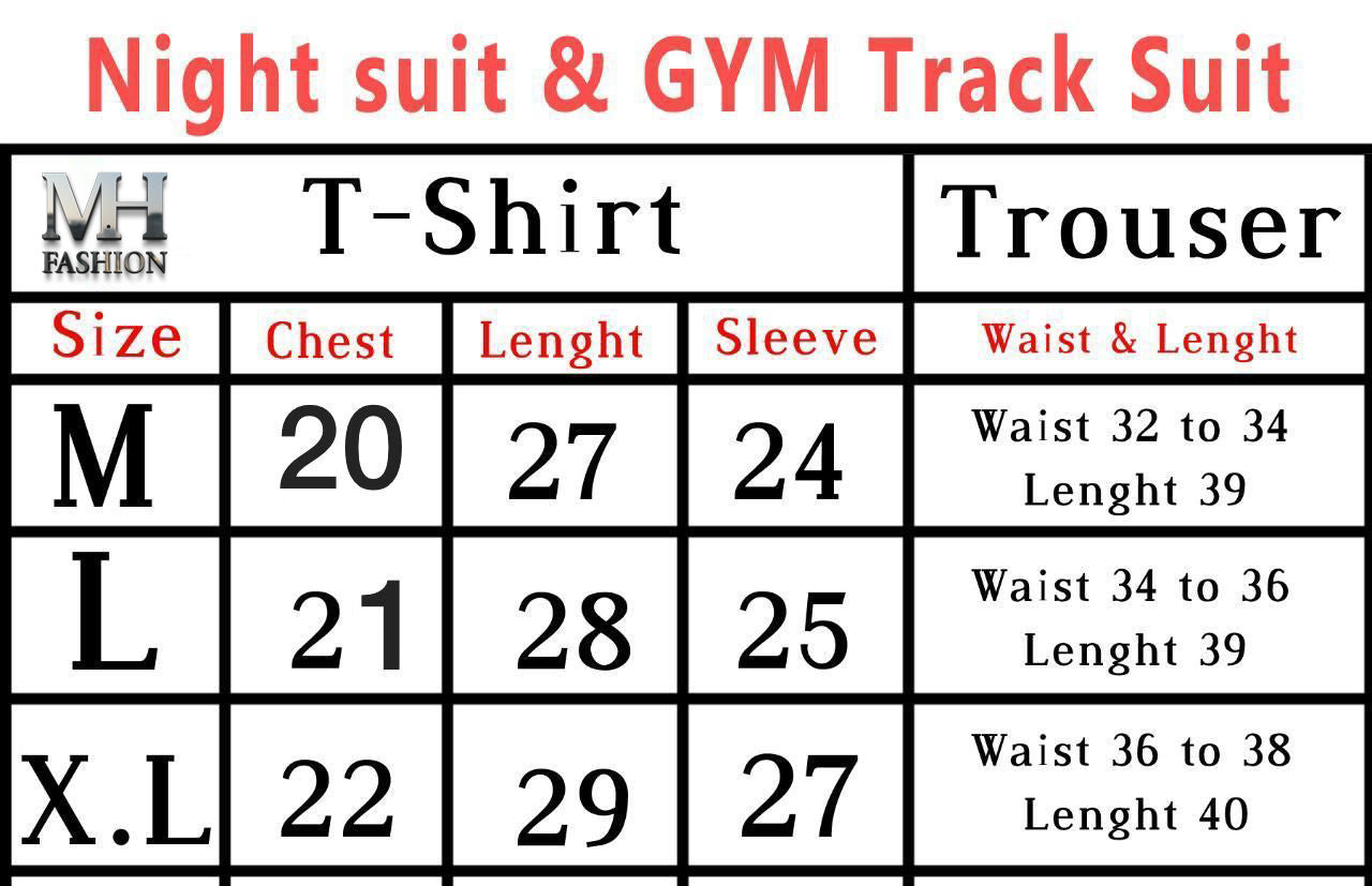 Size chart for night suit and gym track suit with MH Fashion branding.