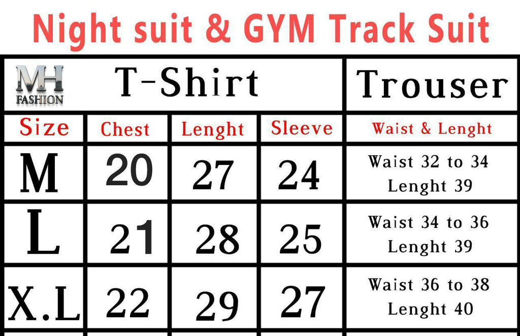 Size chart for night suit and gym track suit with MH Fashion branding.