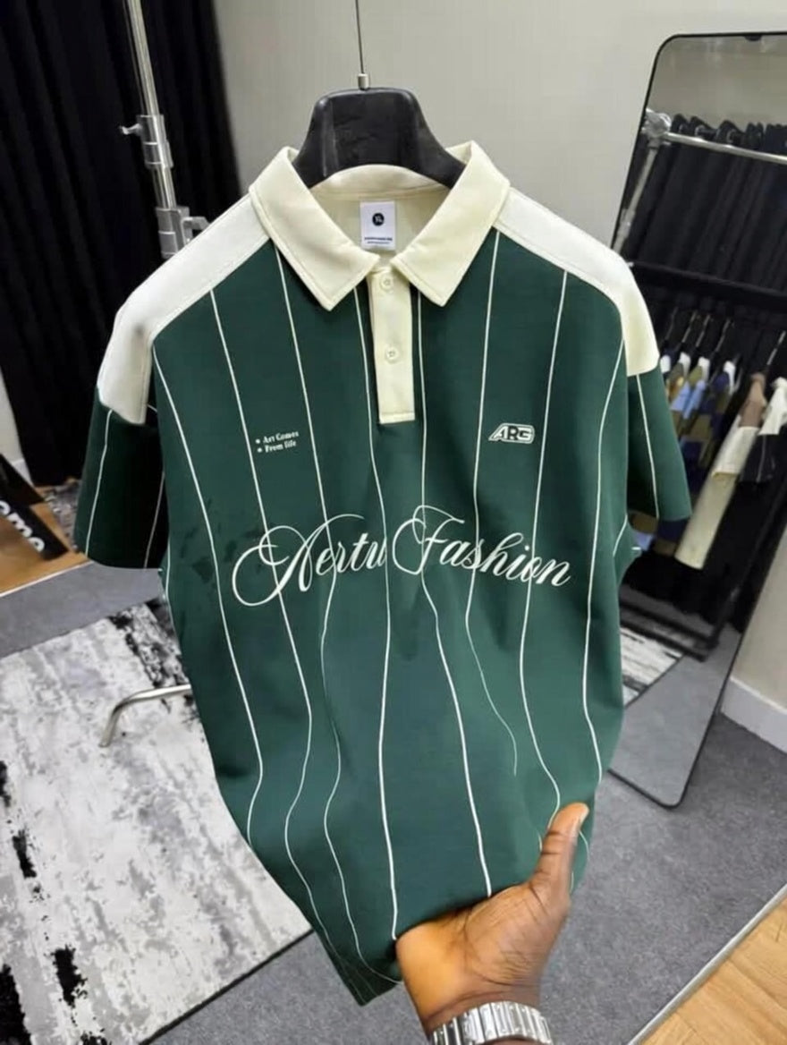 Green and white striped polo shirt with 'Retro Fashion' text on a hanger.