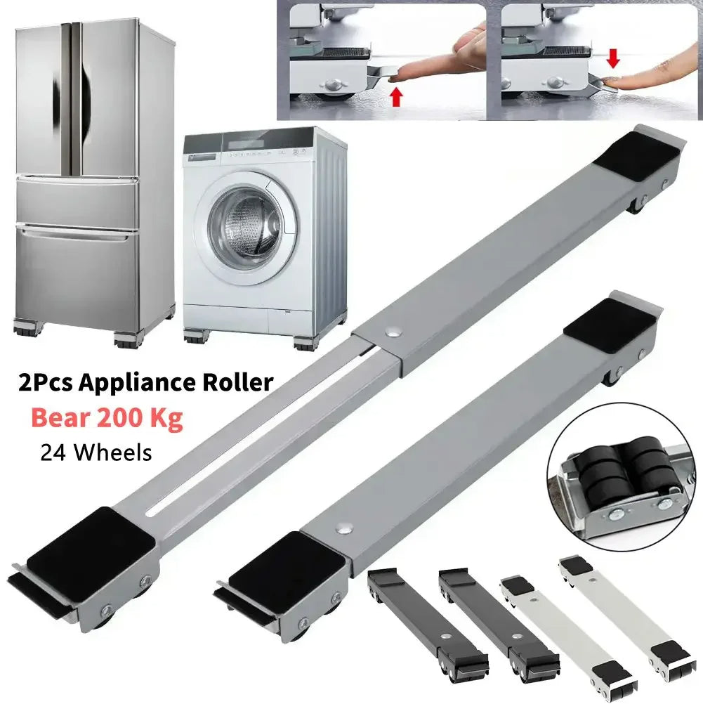 Appliance roller system with wheels and brackets for moving heavy appliances.