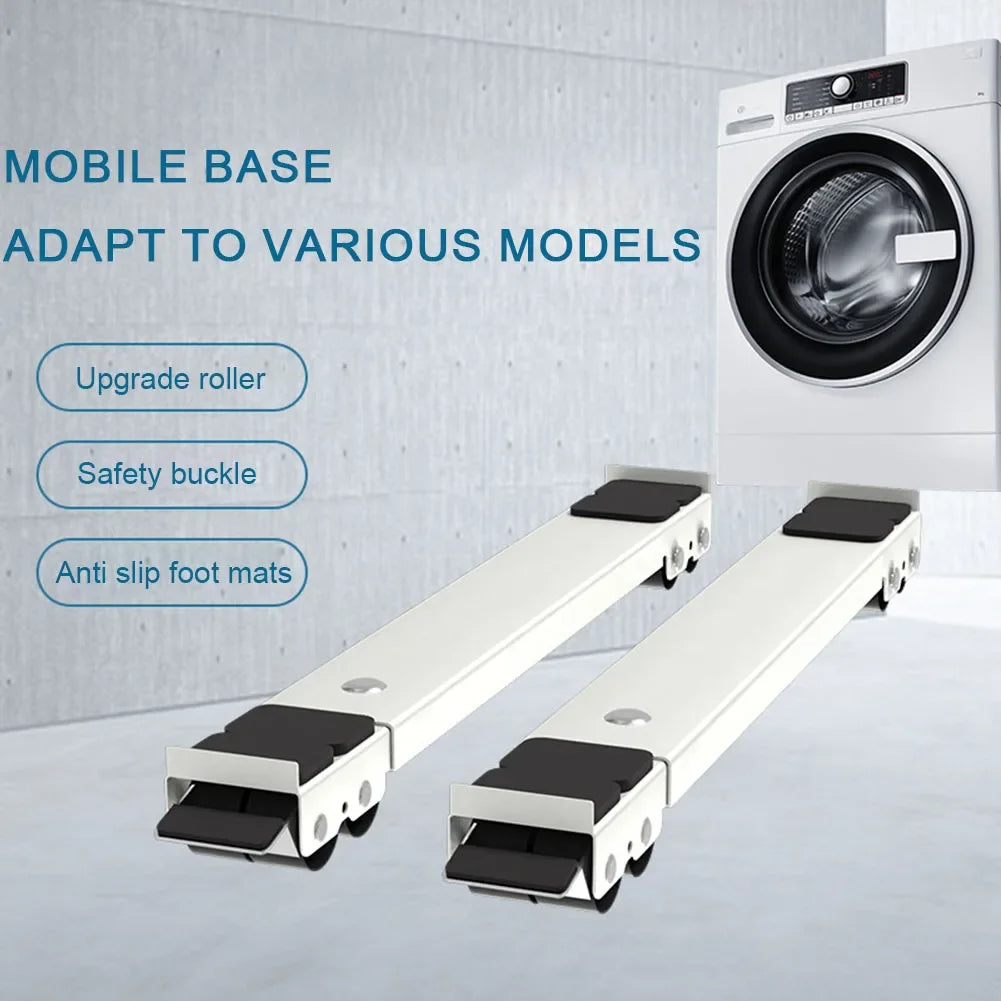 Mobile base for washing machines with features listed on a light gray background
