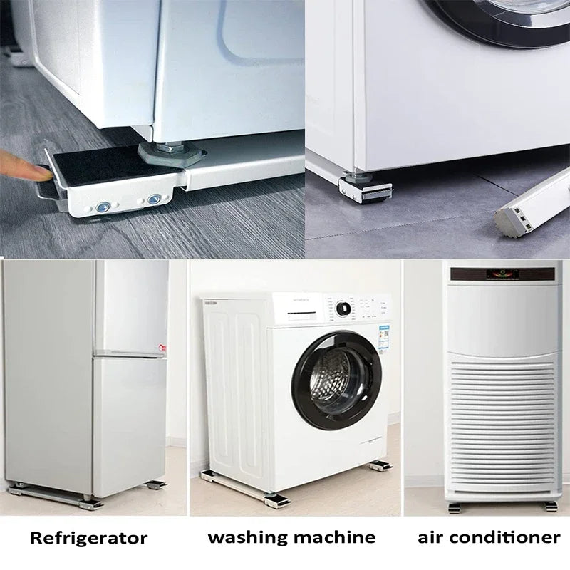 Collage of a refrigerator, washing machine, and air conditioner with leveling feet.