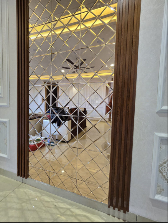 Decorative glass panel with geometric pattern in a room setting