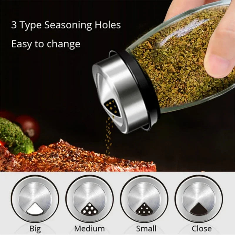 Seasoning shaker with three type seasoning holes and a close-up of a hand using it.