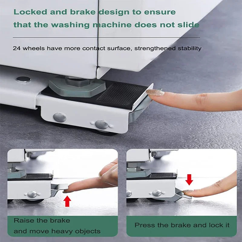 Washing machine with brake design to prevent sliding, showing a hand raising and lowering the brake.