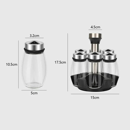 Set of glass containers with metal lids and measurements on a white background